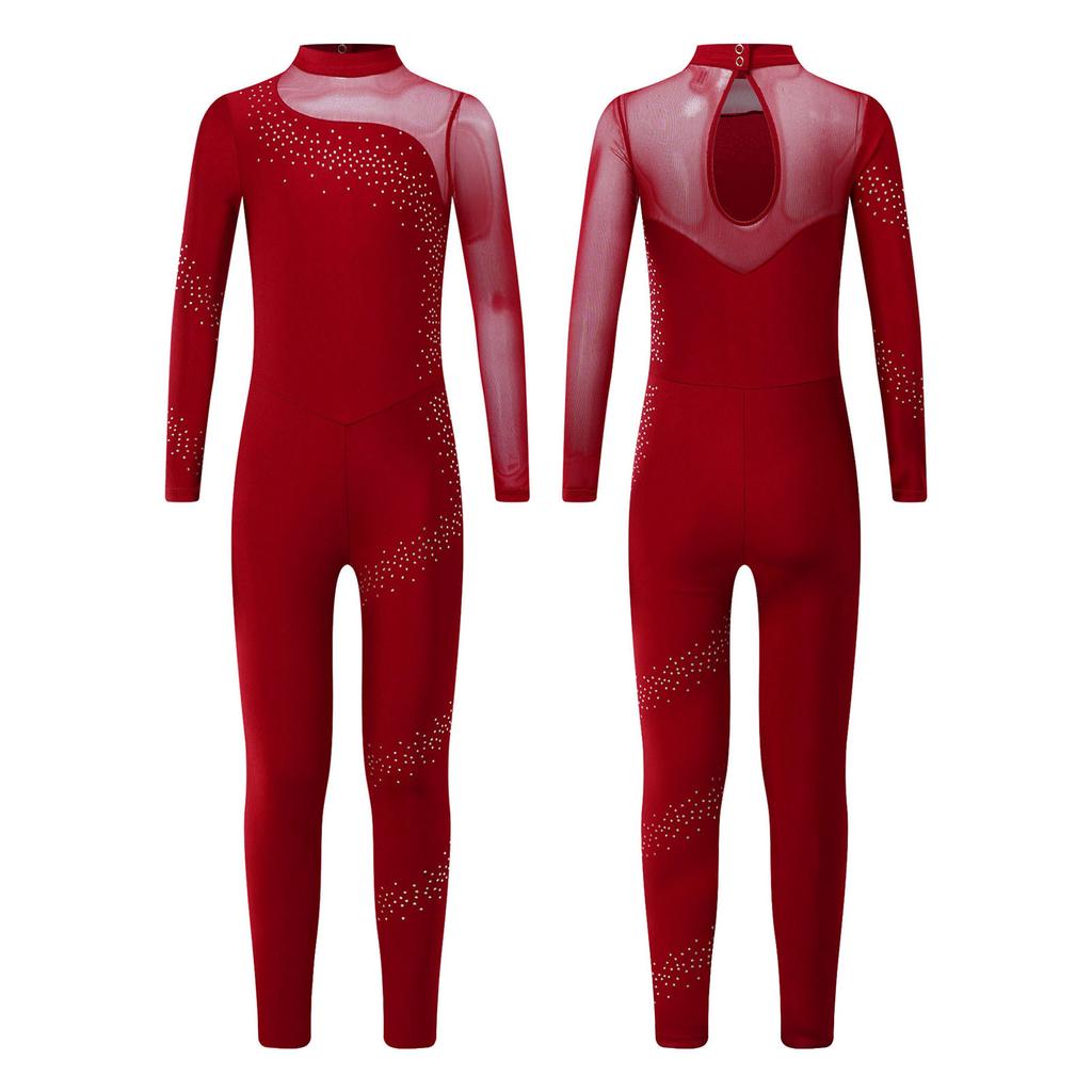 Комбинезон для танцев для девочек, блестящие стразы, прозрачная сетка пэчворк, спинка с вырезом-капелькой, длинный рукав, гимнастический костюм