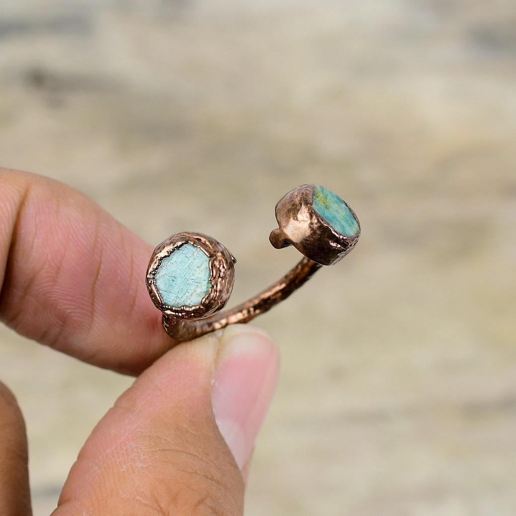 Кольцо с амазонитом, медное кольцо, изготовленное методом гальванопластики, ювелирные изделия с амазонитом ручной работы, регулируемое кольцо, красивые кольца с драгоценными камнями, ювелирные изделия, изготовленные гальваническим способом для подарка