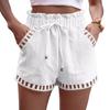 Women Summer Shorts Elastic Waist Shirring Edge Hollow Out Side Pockets Solid Color Loose Above Knee Length Casual Sport Daily Mini Shorts EMA