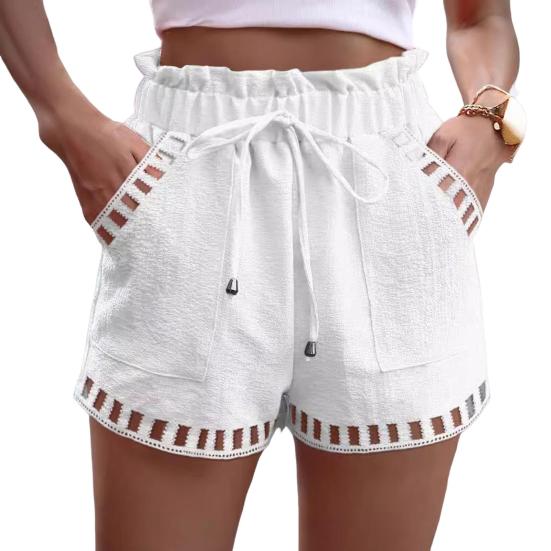 Women Summer Shorts Elastic Waist Shirring Edge Hollow Out Side Pockets Solid Color Loose Above Knee Length Casual Sport Daily Mini Shorts EMA