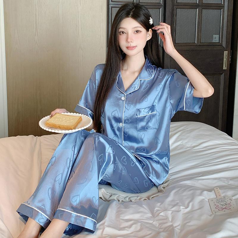 Женские пижамы, комплекты для отдыха, лето, осень, пижамный комплект с отложным воротником, искусственный шелк, атлас, топы с короткими рукавами и длинные брюки, женская пижама, домашняя одежда