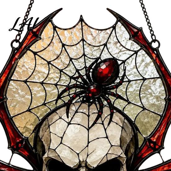 Tiffany Style Stained Glass Effect Halloween Wind Chime Skull Spider Suncatcher Double Side Printed Acrylic Window Haunted Tavern Soft Decor