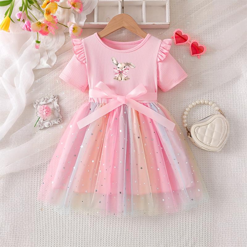 Girls Star Tulle Dress,Little Rabbit Print, Cute Princess Party Dress with Bow, Short Sleeve Summer Dress for Little Girls