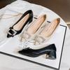New Shoes for Women Leather Pumps New OL Square Rhinestone Buckle Casual High Heels Shoes Girl Pointed Toe Dress Shoes