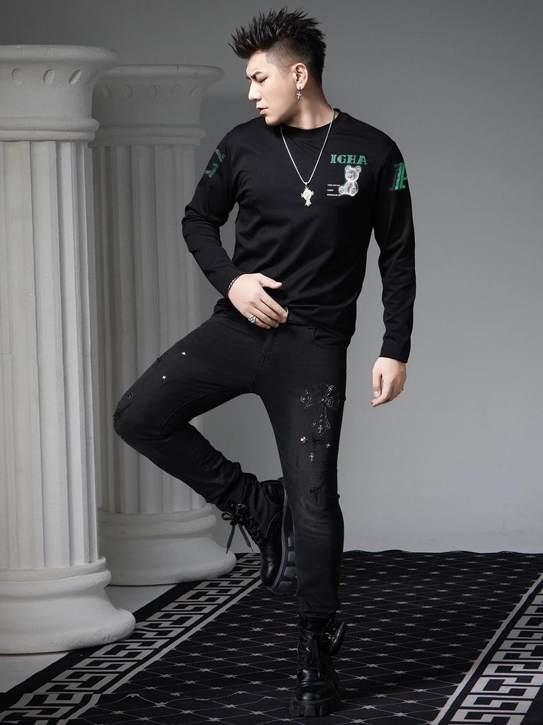 European Station 2026 Spring New Round Neck Long-Sleeve T-Shirt Men's Trendy Bear Print Base Shirt Casual Top