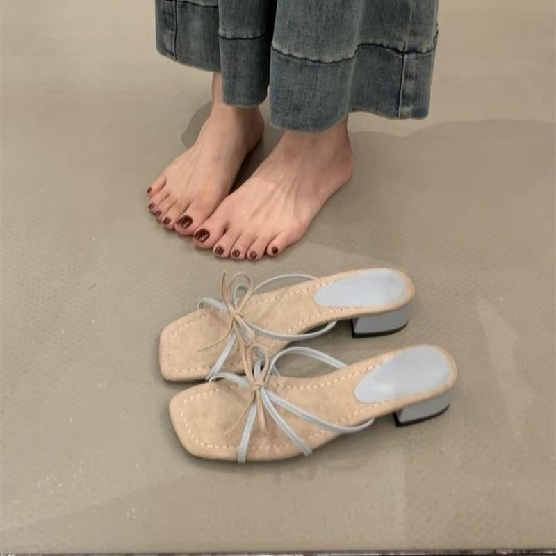 Women's Slippers New French Square Toe Bow Open Toe Cross Slim Strap Temperament Flip-Flop Sandals