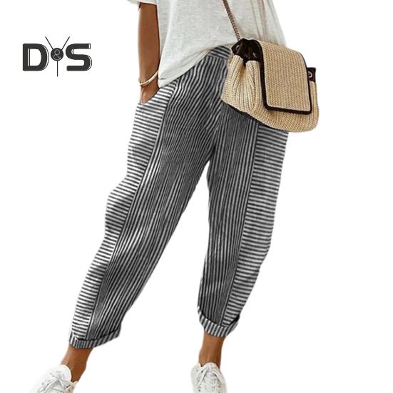 Женские повседневные брюки с эластичной талией и средней посадкой, летние жаккардовые длинные брюки с карманами, полосатые брюки свободного кроя