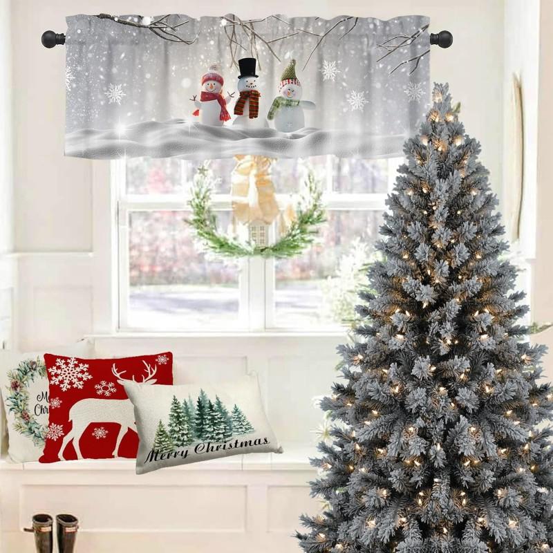Christmas Window Valance With Rod Pocket Snowman Design Kitchen Short Curtain Festive Decor