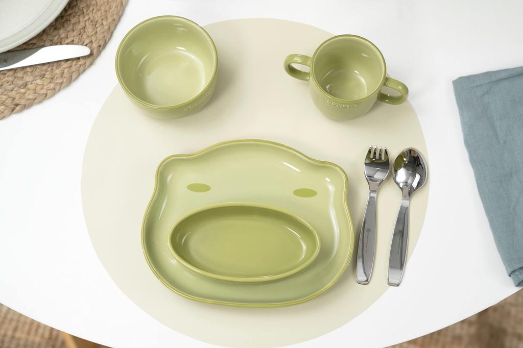 Staub Baby Kids Tableware 4 шт. Набор зеленой тарелки, миски, кружки, японская керамическая посуда STAUB Baby Kids "Керамика и лягушка" для детей [Авторизованный продукт] и