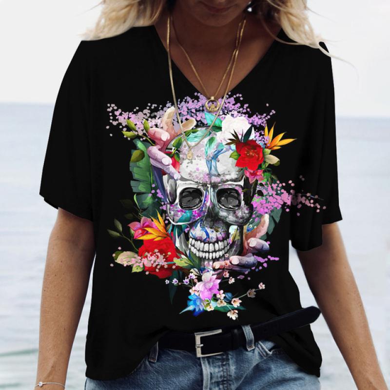 Новинка 2022 года, женские футболки с принтом черепа, женские топы с короткими рукавами, пуловер с v-образным вырезом, уличная одежда, футболки большого размера, летняя одежда