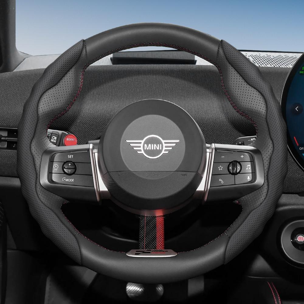 Steering Wheel Cover for Mini, Wave-Shaped Sporty Design, Breathable Leather, Segmented, Non-Slip, Sweat-Absorbent Case, Suitable for Coo e5