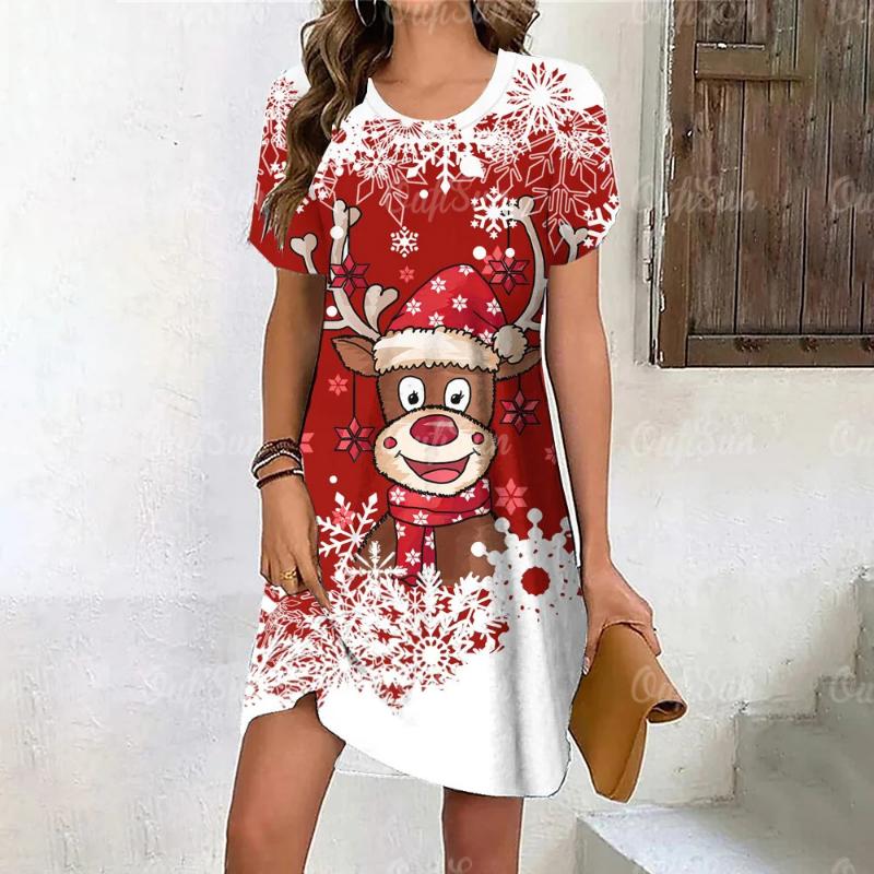 New Cartoon Moose Digital 3D Print Crew Neck Short-sleeve Pullover Stylish Casual Women's Dress