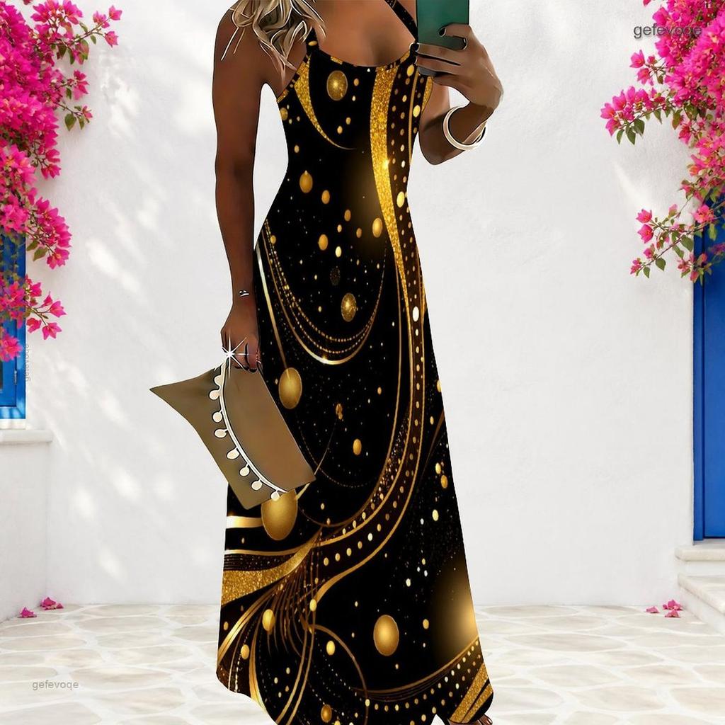 Women Plus Size Scoop Neck Strappy Sleeveless Black Printed A Line Maxi Dress