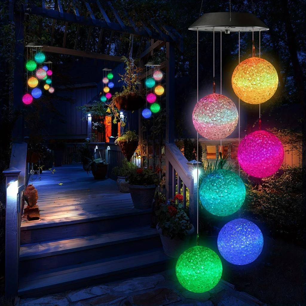 1pc Solar Rice Grain White Ball/Heart Wind Chime Light Outdoor Waterproof Color Changing LED Hanging Lamps for Home Garden Decor
