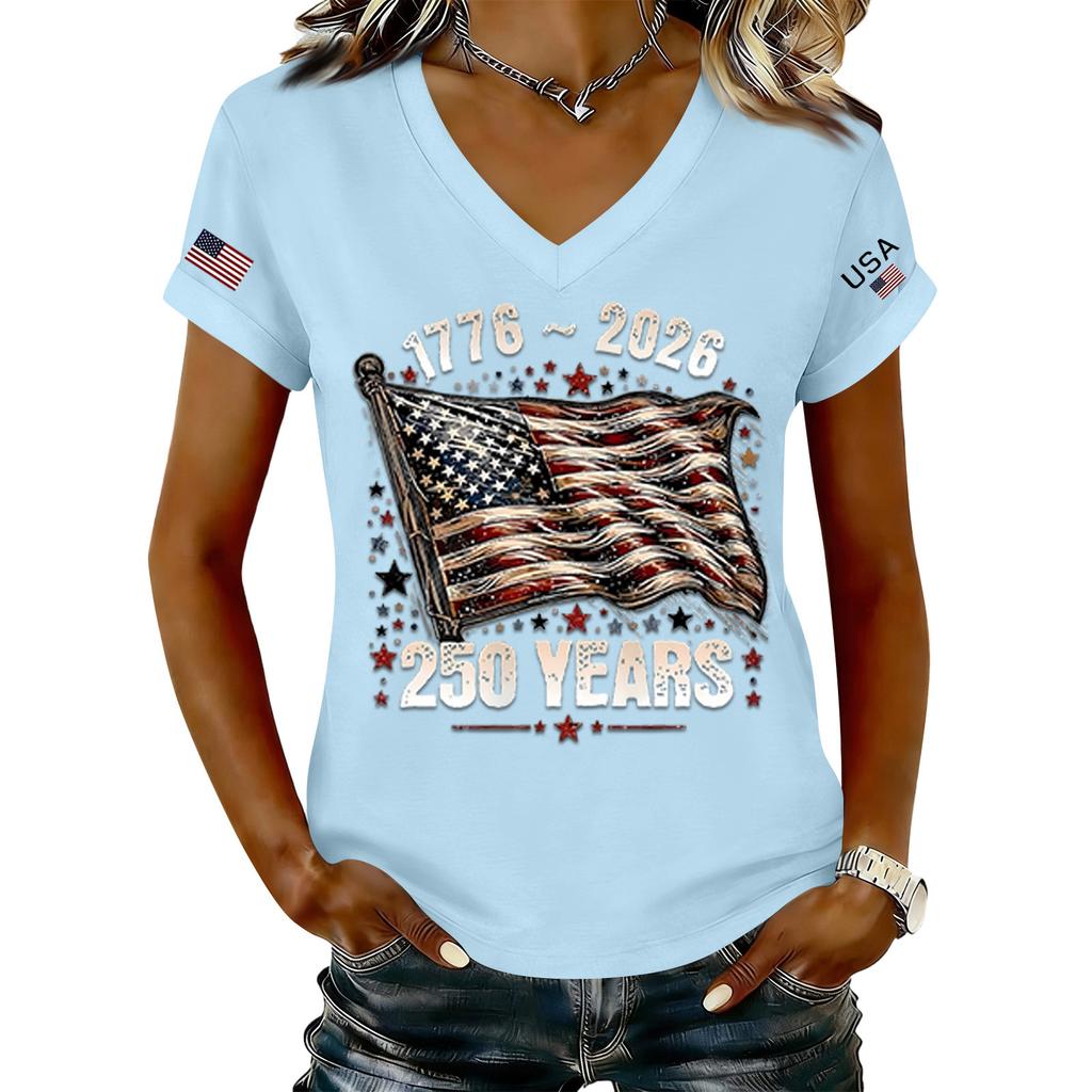 Women's Fashionable V-Neck Casual Retro Print Short Sleeved T-shirt Top