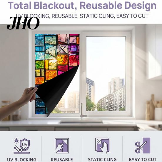 Easy Install Glass Sticker Static Cling Window Film, Full Blackout, Colorful Geometric Privacy UV Blocking, Reusable Heat Insulation for Home
