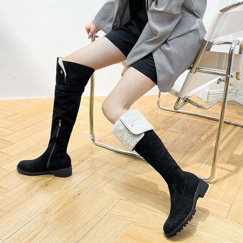 Модные Зимние Теплые Хлопковые Женские Ботфорты Выше Колена На Слипонах Женские Лаконичные Квадратный Низкий Каблук Длинные Ботфорты Женские