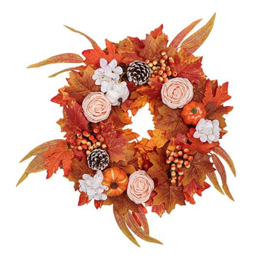 Autumn Wreath Faux White Pumpkin Maple Leaf Pine Cone Berry Wreath Handmade Farmhouse Wreath Fall Decoration for Home Thanksgiving Harvest Outdoor
