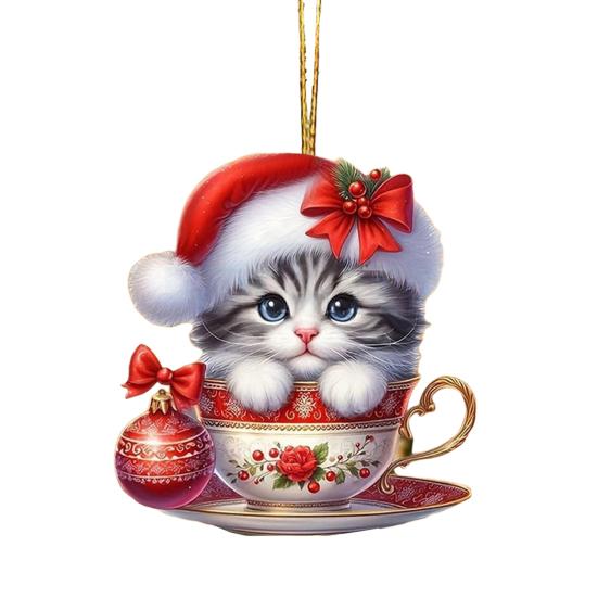 Acrylic Teacup Cat Hanging Ornaments Cute Cartoon Cat Christmas Ornament 2D Flat Car Mirror