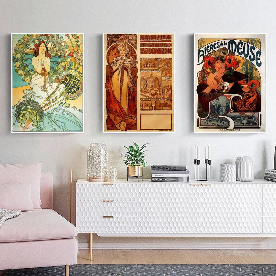 Винтажные женские холсты с Альфонсом Муха, художественные постеры и картины на холсте с принтом, настенные картины для гостиной, украшения дома, без рамки