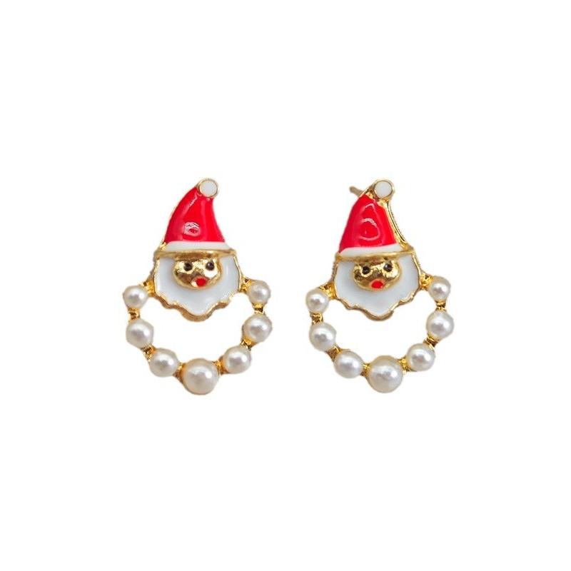New Trendy Santa Claus Stud Earrings for Women Imitation Pearl Beads Hollow Round Small Earrings Christmas Day Ear Jewelry