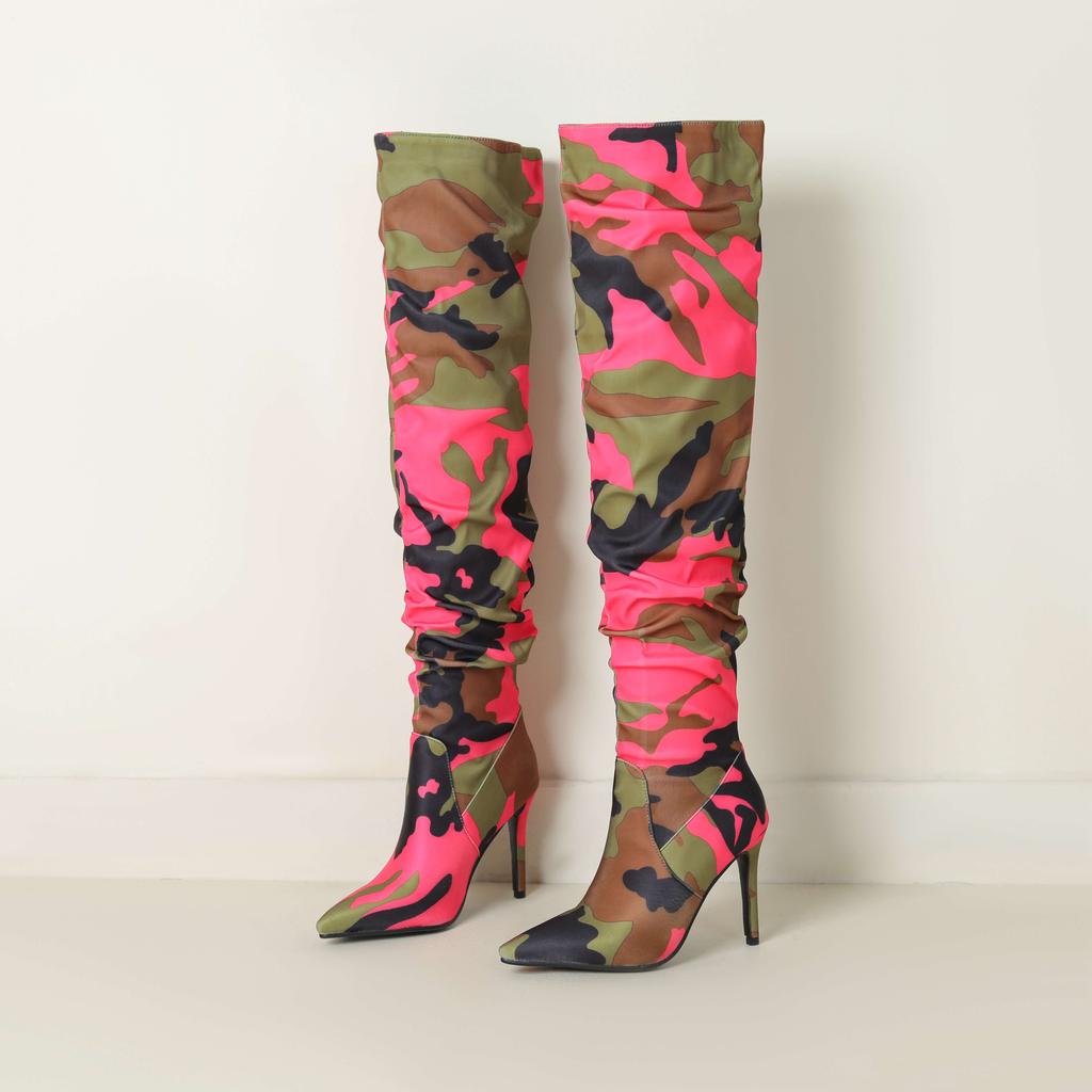 lenkisen Fabric Camouflage Pattern Autumn Winter Shoes Super Thin High Heels Pleated Boots European Keep Warm Over-the-knee Boots