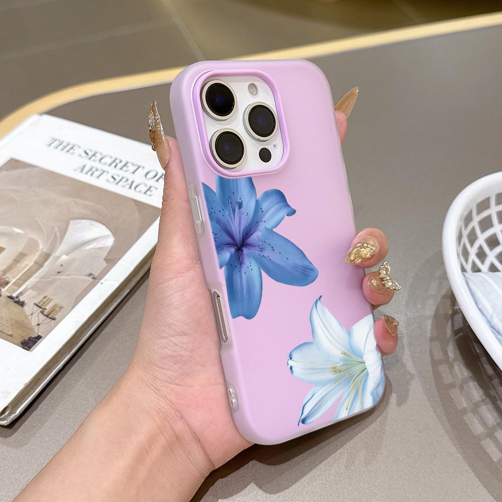 Силиконовый Матовый Чехол для Телефона 2 в 1 Конфетного Цвета для iPhone 17 Air 16e 16 15 14 13 Plus 12 11 Pro X XR Max Элегантный Синий Узор Лилии
