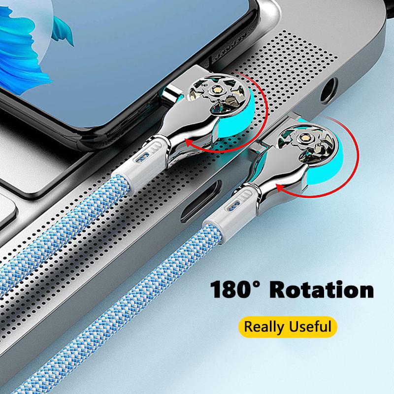 VAORLO Вращение на 180°, зарядный кабель Type-C, Super Chager, USB к Type-C, вращение с двумя портами для Xiaomi Huawei, нейлоновая линия Super Charge