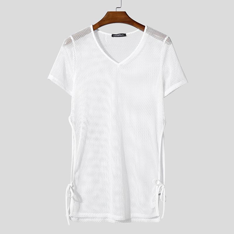 INCERUN Summer Men Short Sleeve Hollow See Through Long Beach Tank Tops