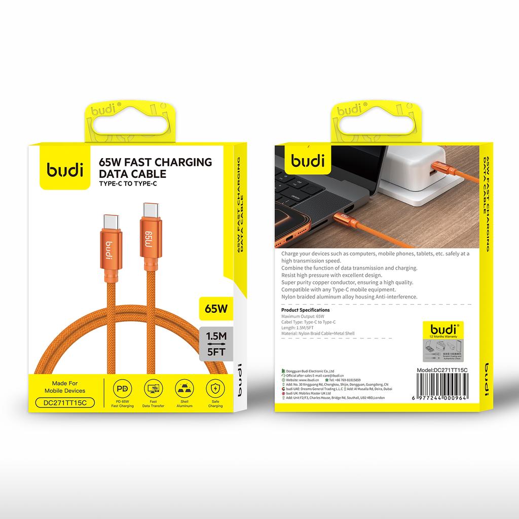 Budi 1.5m Pure Copper Core High Quality Durable Cb415 Nylon Braided 65w Charging 480 Mbps Transfer Data Type C Cable