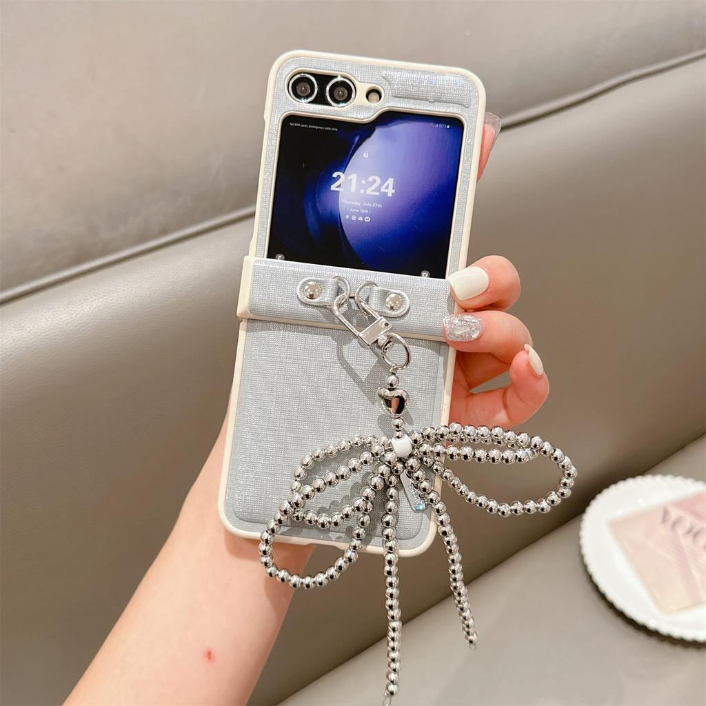 For Samsung Galaxy Z Flip7 FE 5G/Z Flip6 5G Case Hinge Protection Leather+PC Phone Cover with Bow Beaded Strap