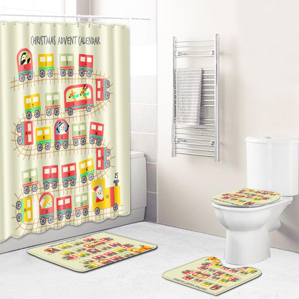Christmas Shower Curtain Polyester Cloth Toilet Seat Four-Piece Set Entrance Door Mat Bedroom Living Room Floor Mat Carpet