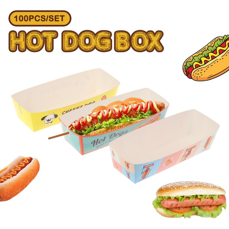 100 шт. Коробка для упаковки хот-догов без складывания Бумажная Одноразовая Посуда для вечеринок Поднос для подачи еды Для кейтеринга Упаковочные коробки