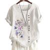 Animal and Floral Print Women's Comfortable Cotton Linen Casual Tee with Round Neck and Short Sleeves Button Decoration S-5XL
