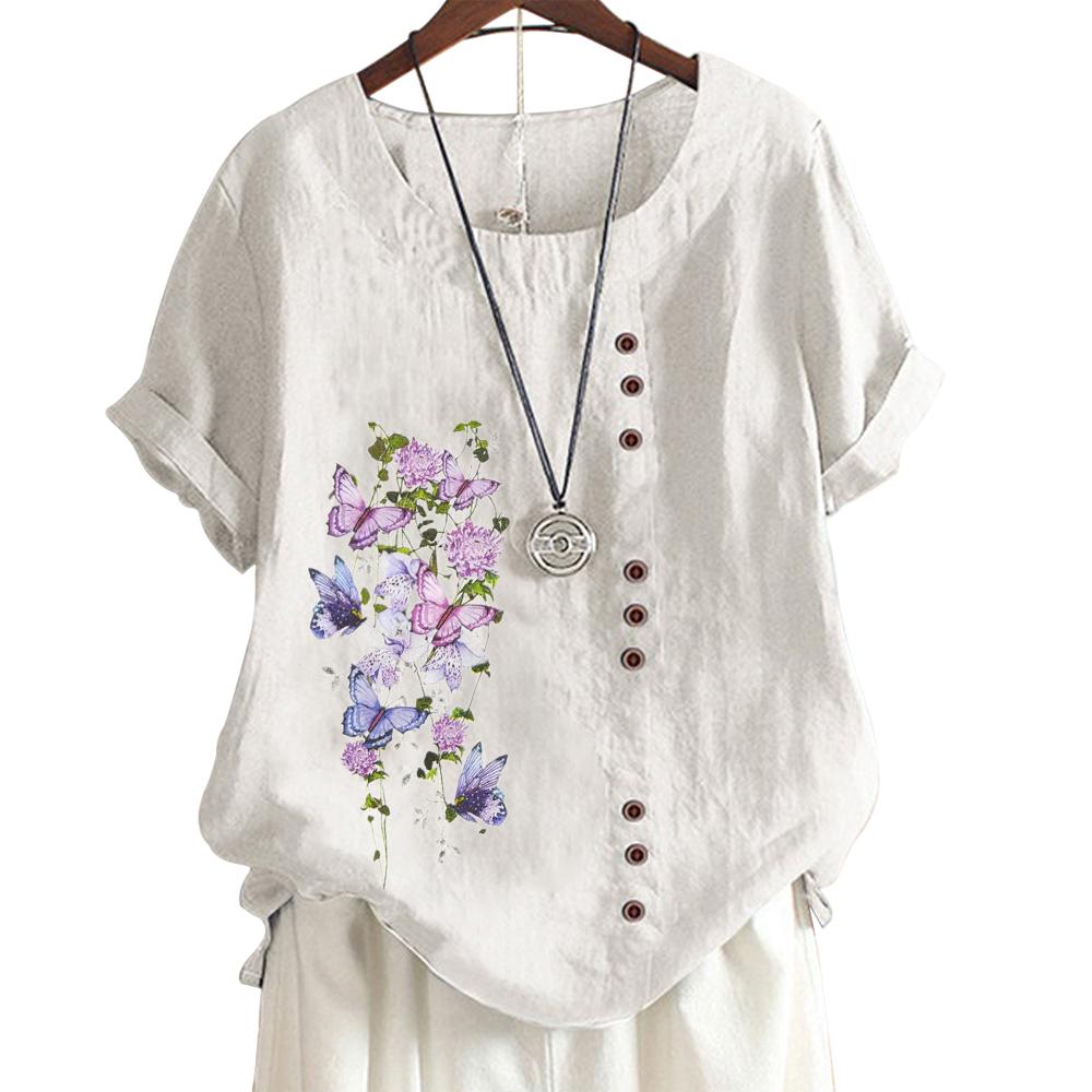 Женская удобная повседневная футболка из хлопка и льна с животным и цветочным принтом, круглым вырезом и короткими рукавами, украшение на пуговицах, S-5XL