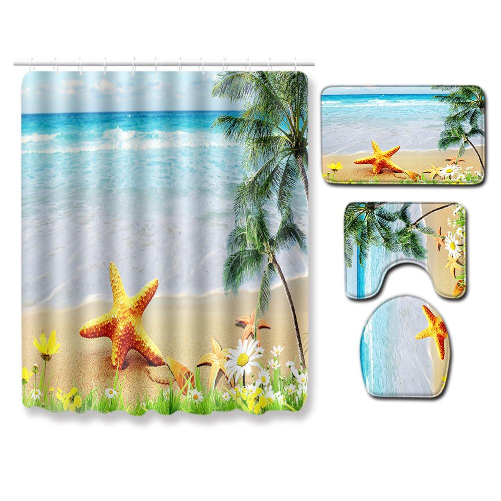 Shower Curtain Floor Mat Toilet Cover Foot Mat Door Mat Carpet Four-Piece Pattern