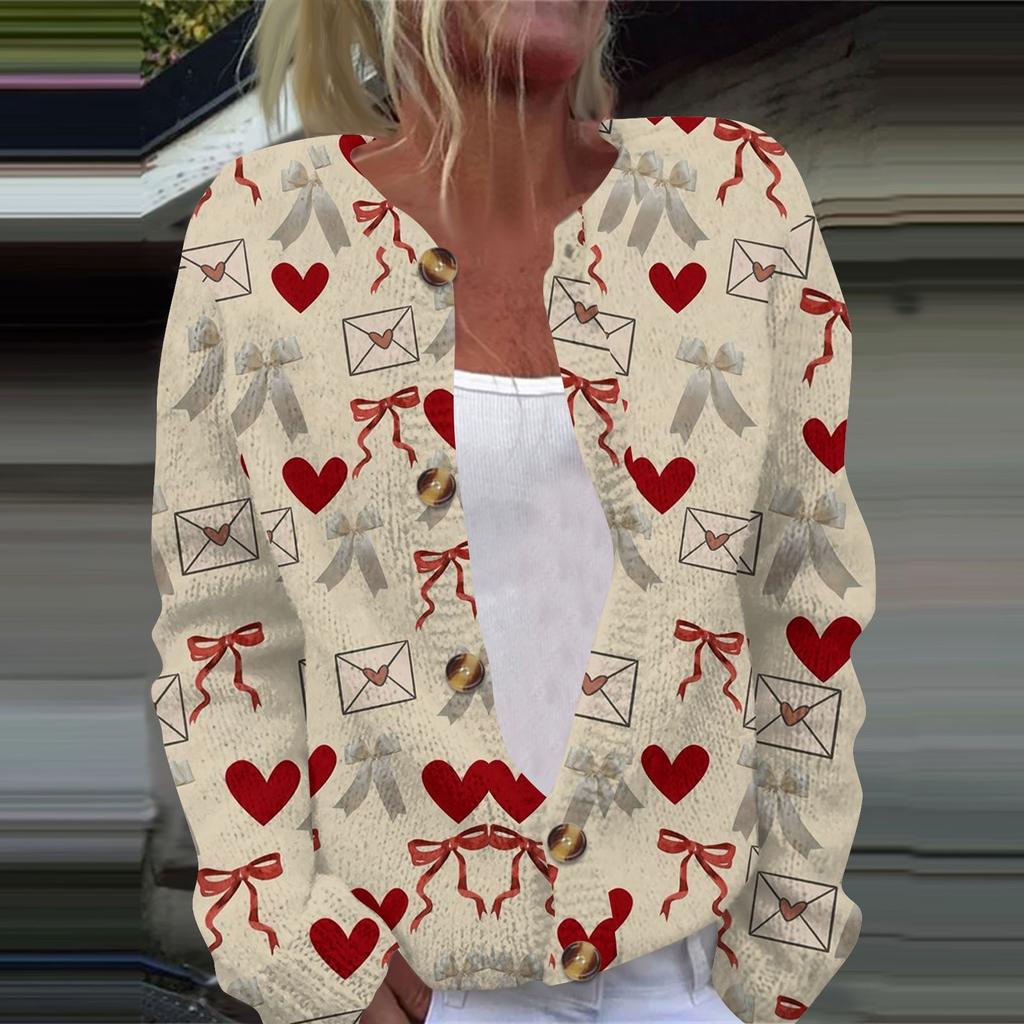 Женская мода с принтом банта, длинный рукав, вязаный кардиган, куртка на пуговицах