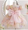 Платье для девочек Летнее Новое Корейское Принцесса Сетка Жемчуг Круглый Вырез Большой Бант Рукав-пузырь Пышное Платье Детская Одежда для Девочек
