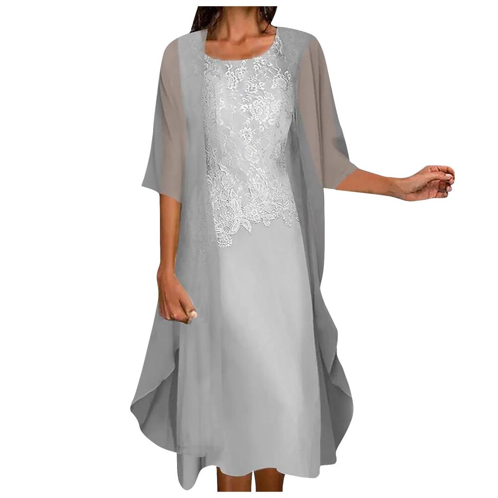 Women's Fashion Elegant Solid Color Lace Patchwork Chiffon Sleeveless Round Neck Dress Two Piece Dress