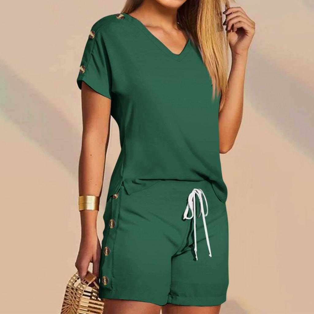 Женские футболки, футболки, шорты, комплекты с графикой, повседневные однотонные комплекты с V-образным вырезом, стандартная посадка