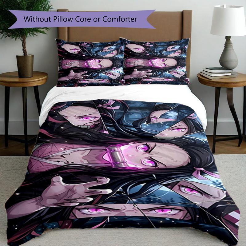 3pcs Duvet Cover Set (1*Duvet Cover + 2*Pillowcase, Without Core), Demon Slayer Print Bedding Set, Bedroom Decor, All‑Season, Birthday Gift
