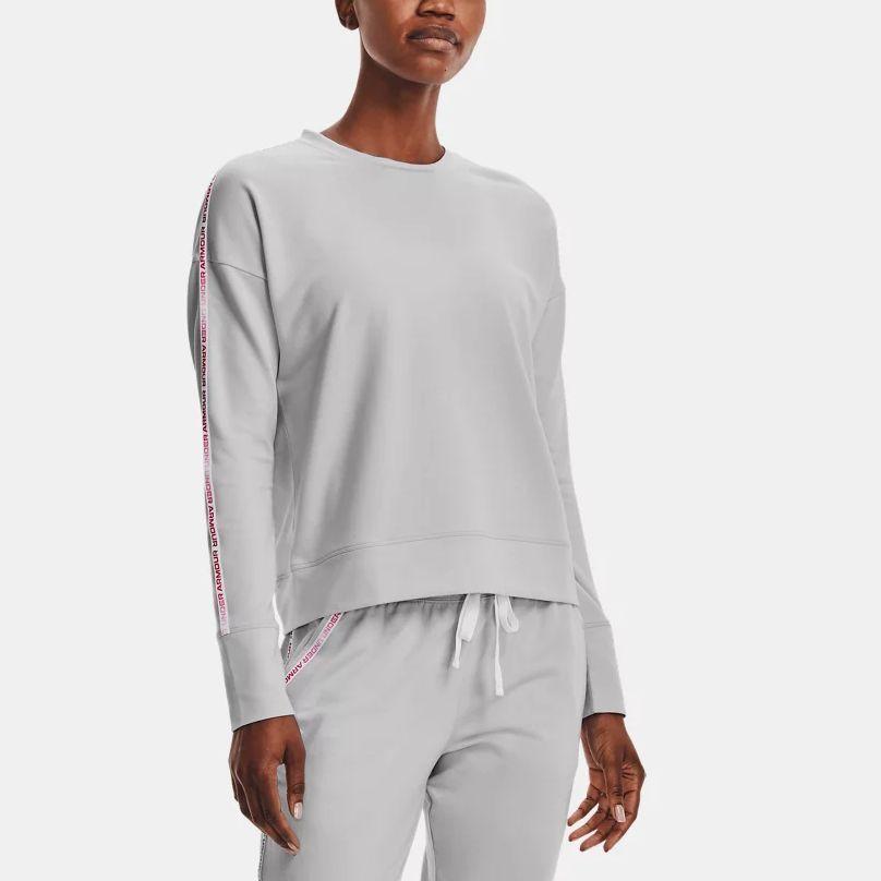 Under Armour Rival Terry Crew Neck Side Stripe Letter Drop Shoulder Long Sleeve T-Shirt Women Tops Haze-Gray 1360905-014