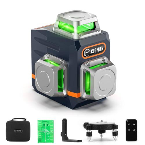 CIGMAN 3D Laser Level with Remote Control, 3x360 Green Laser, 30m Working Range, Magnetic Rotating Stand, and Type-C Charging Cable (CM701)