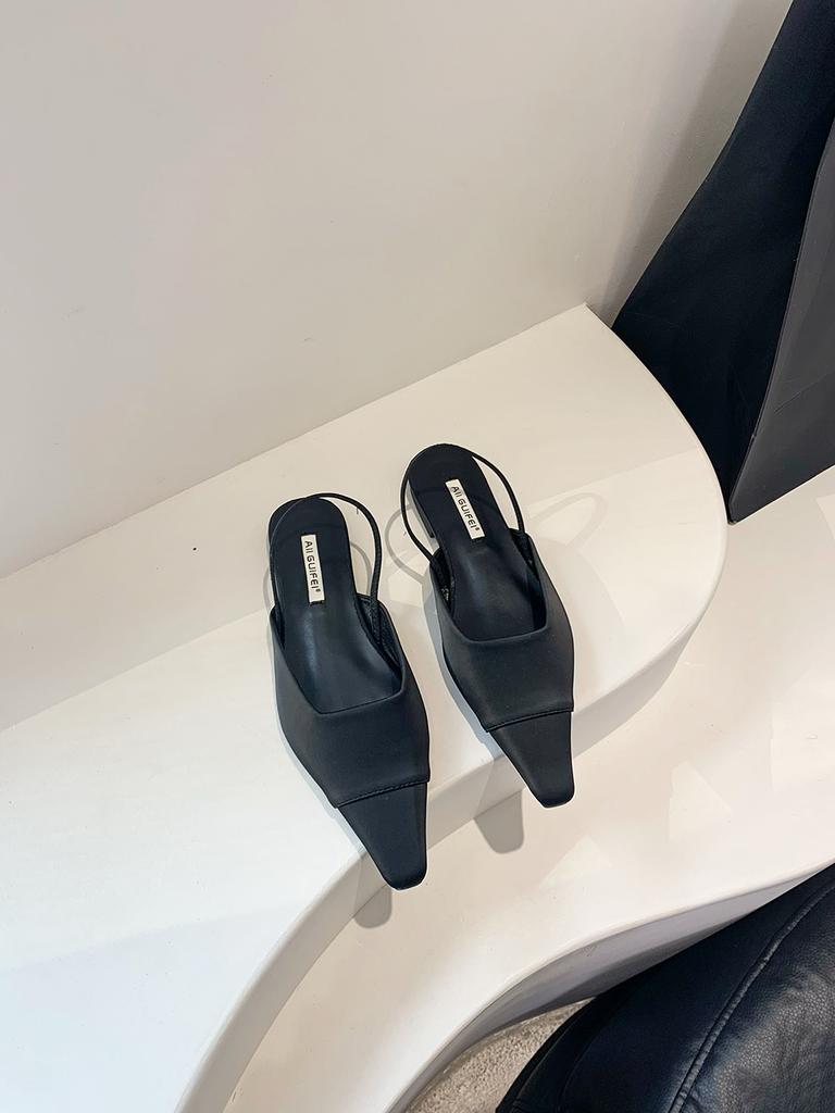 Мода Модные женские босоножки с острым носком Туфли на плоской подошве на низком каблуке бежевые коричневые черные с ремешком сзади Летние уличные туфли-мюли для женщин 39