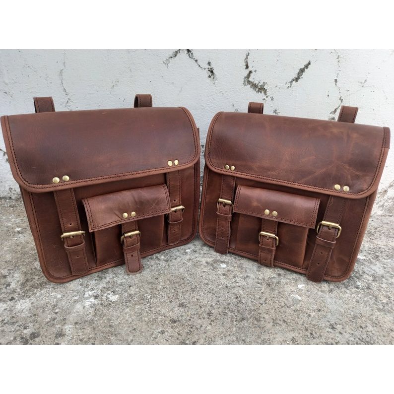 Leather Motorcycle Saddle Bag Brown Leather Saddlebags Panniers Motorbike Buffalo Leather Set of 2 Bags