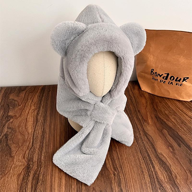Шапка-медведь, шарф, интегрированный осенне-зимний плюшевый утолщенный шарф, симпатичная защита ушей, теплая зимняя шапка, защищающая от холода