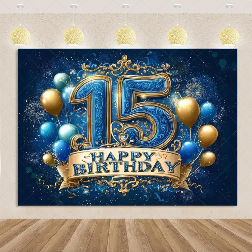 15th Birthday Theme Backdrop Black Gold Glitter Balloon for Women Men Boy Girl Party Decorations Balloon Banner Photography Prop