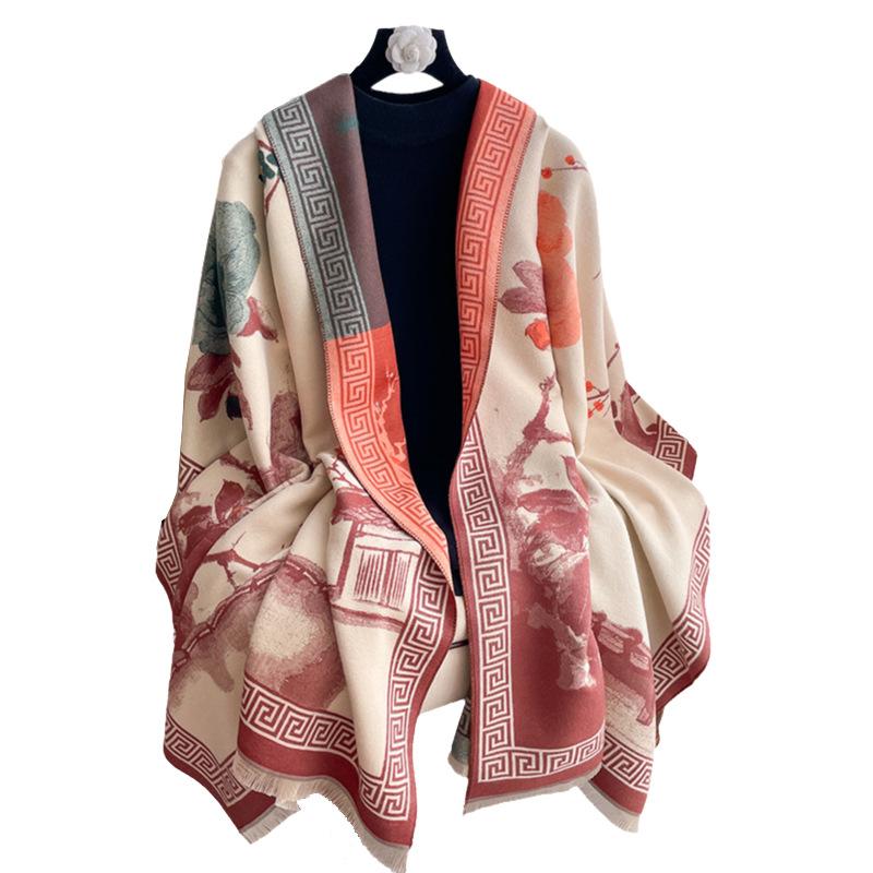 Autumn And Winter Imitation Cashmere Plum Blossom Retro Ink Style Texture Printing Double-Sided Warm Scarf Shawl
