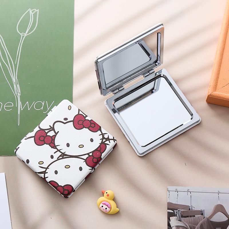 Серия Sanrio Hello Kitty Каваи Мультяшный Аниме Рамка Искусственная Кожа Девичье Сердце Мини Складное Мини Двустороннее Зеркало Подарок на Праздник
