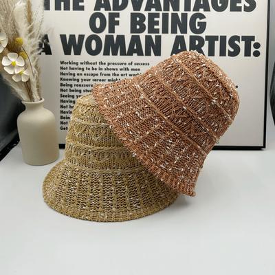 Hollow Woven Bucket Hat Chinese New Year Summer Women's Versatile Basin Hat Knitted Split Mixed Color Bucket Hat